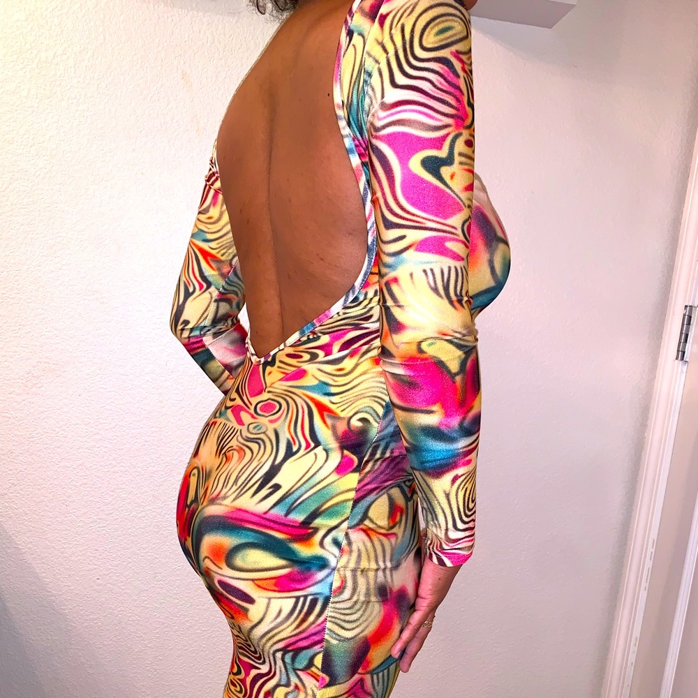 Multi-colored, backless party dress